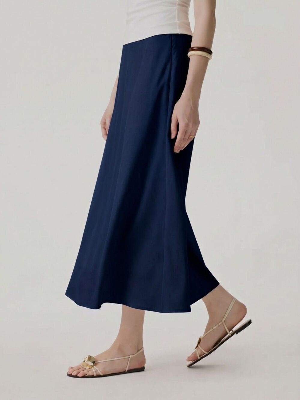 OGL Woven Lyocell Linen Blend Side Zip Maxi Skirt Navy Blue Size Large
